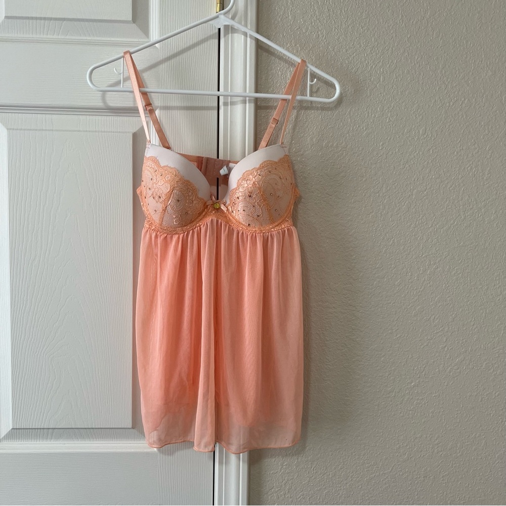 Jessica Simpson Peach Lace Babydoll Chemise Lingerie Size Small